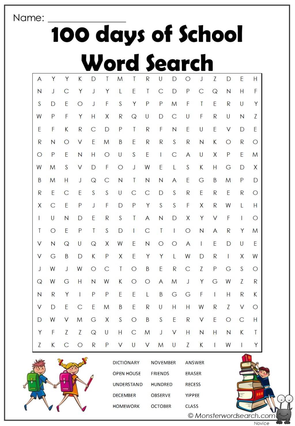 100 Days Of School Word Search Monster Word Search