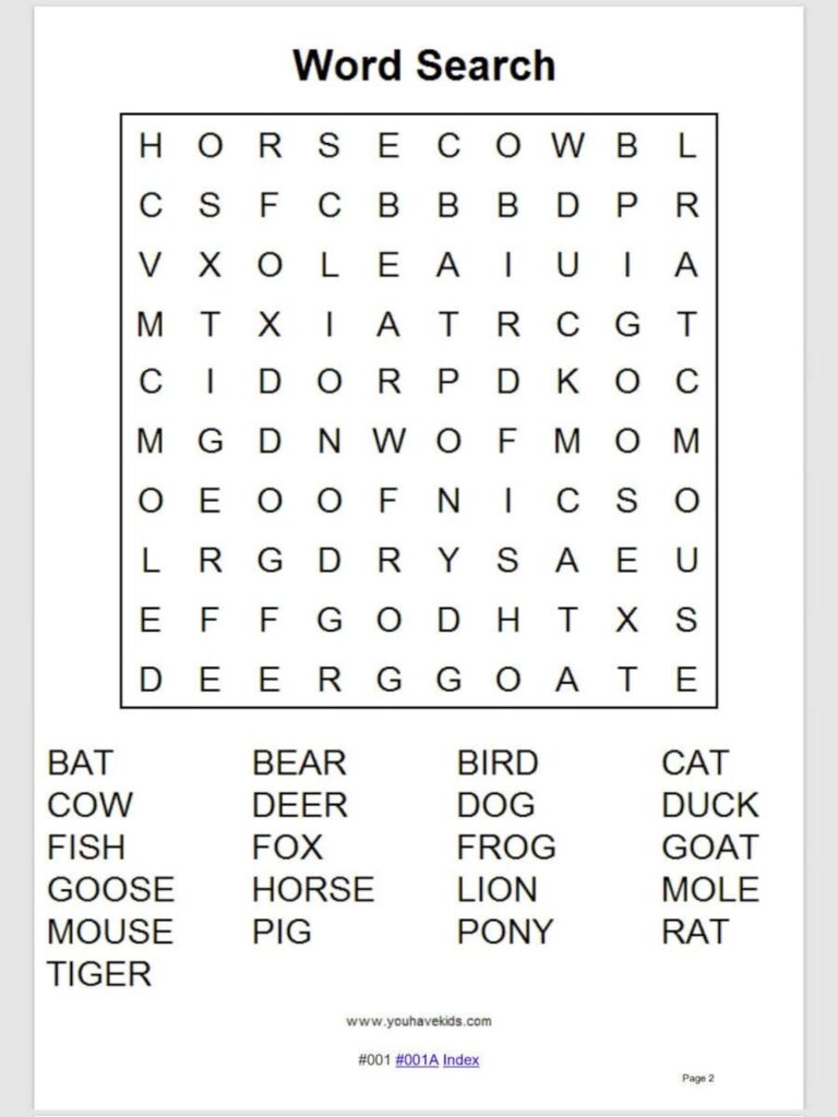 100 Printable Grade 1 Animals Word Searches With Answers Etsy UK
