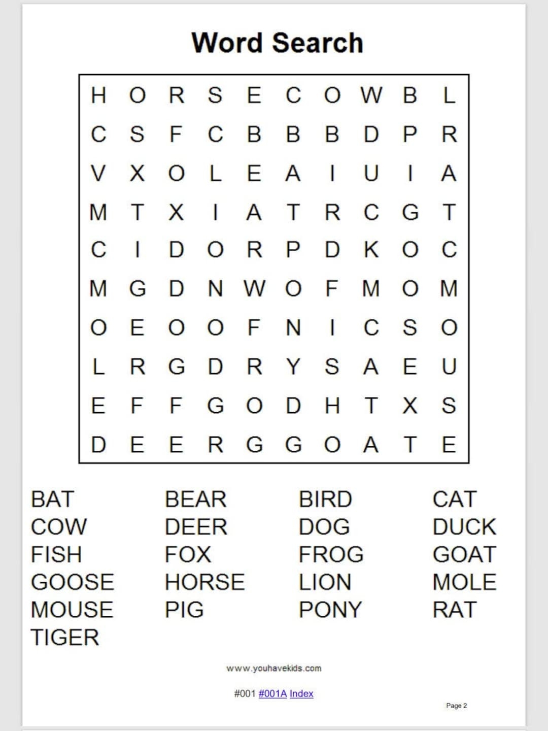100 Printable Grade 1 Animals Word Searches With Answers Etsy UK
