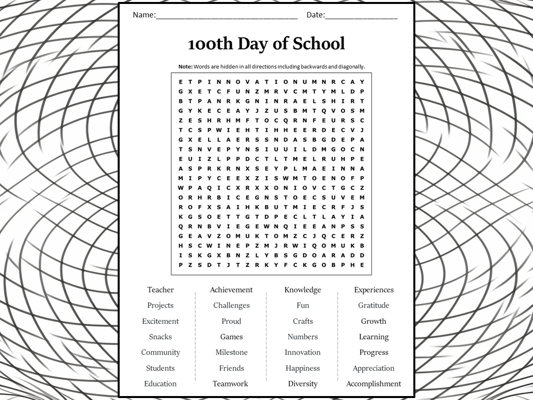 100th Day Of School Word Search Puzzle Worksheet Activity 