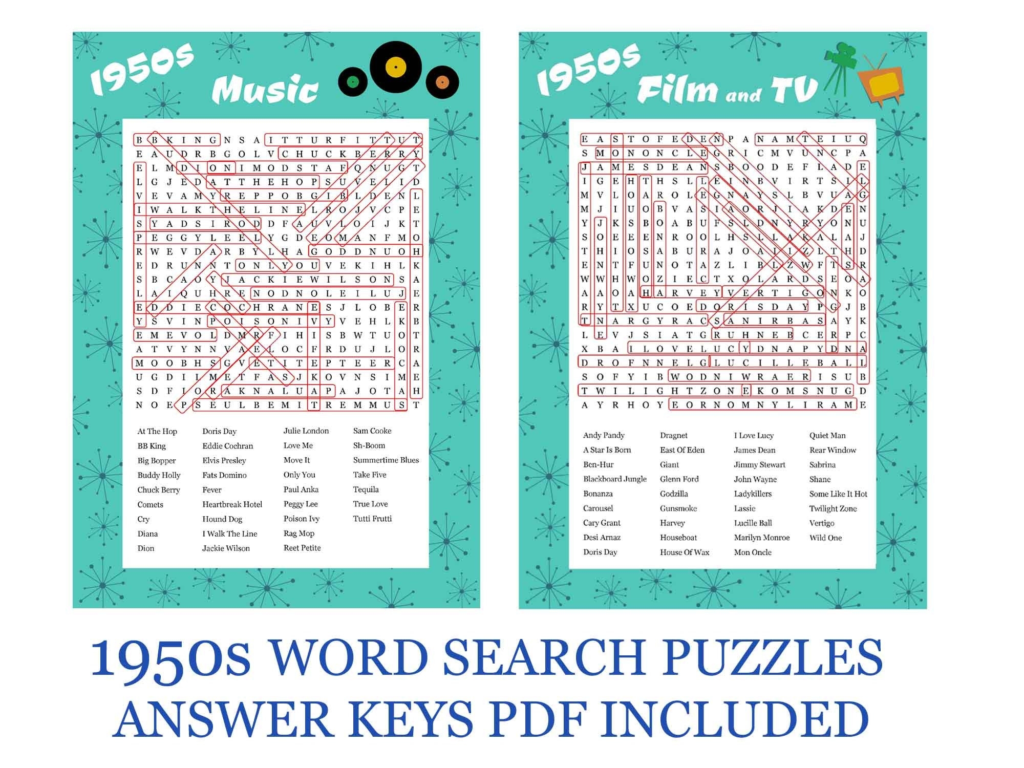 1950s Printable Word Search Puzzles Music Film U0026 TV Ideal Birthday Gift 50s Theme Nights Seniors Memory Aid Fun And Colourful 2 Pdfs Etsy