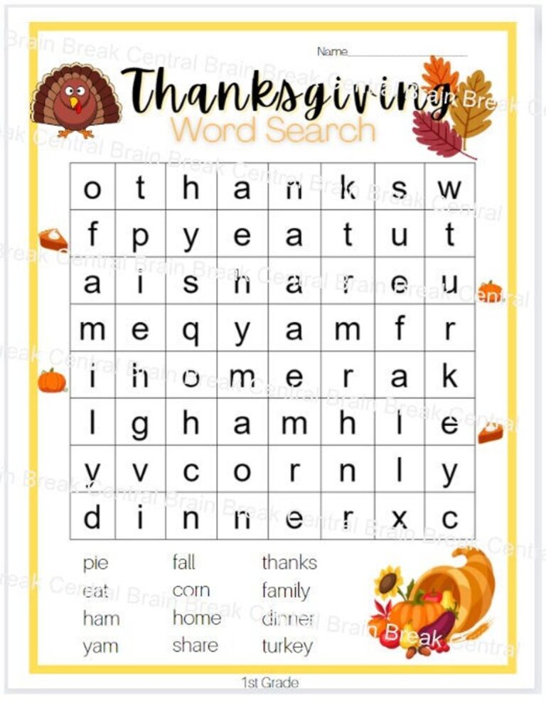 1st Grade Thanksgiving Word Search With Answer Key Printable Etsy