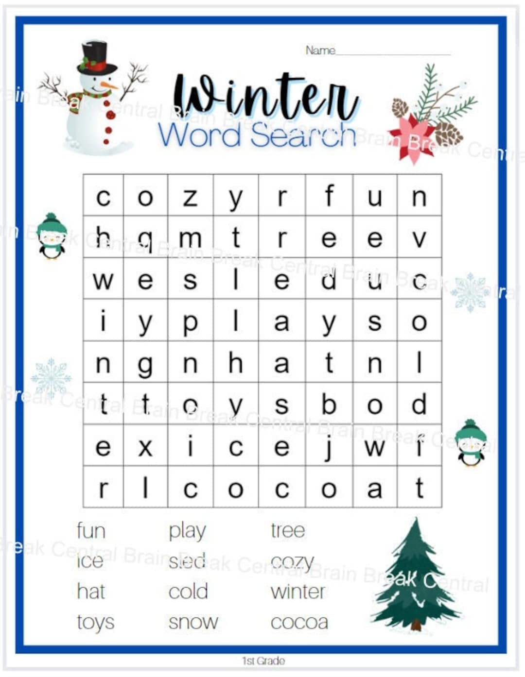 1st Grade Winter Word Search With Answer Key Printable Etsy