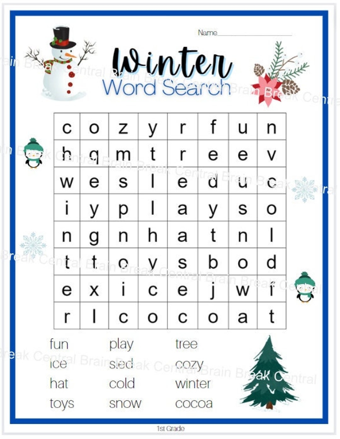 1st Grade Winter Word Search With Answer Key Printable Etsy