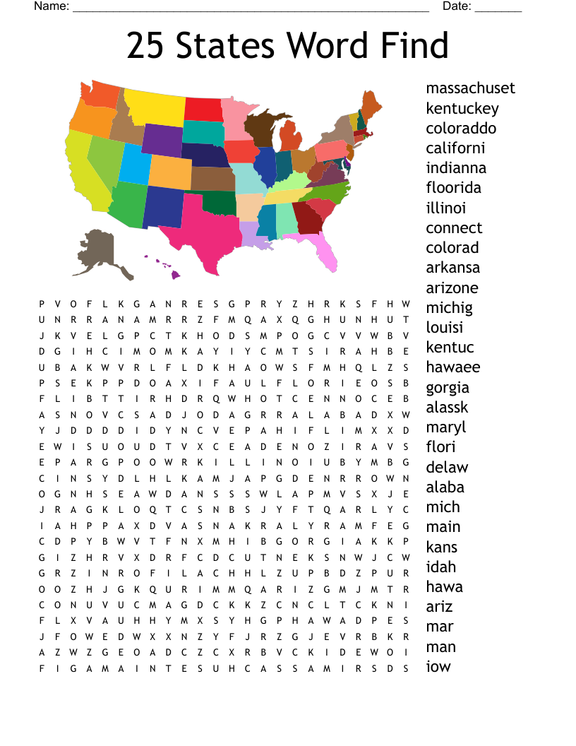 25 States Word Find Word Search WordMint