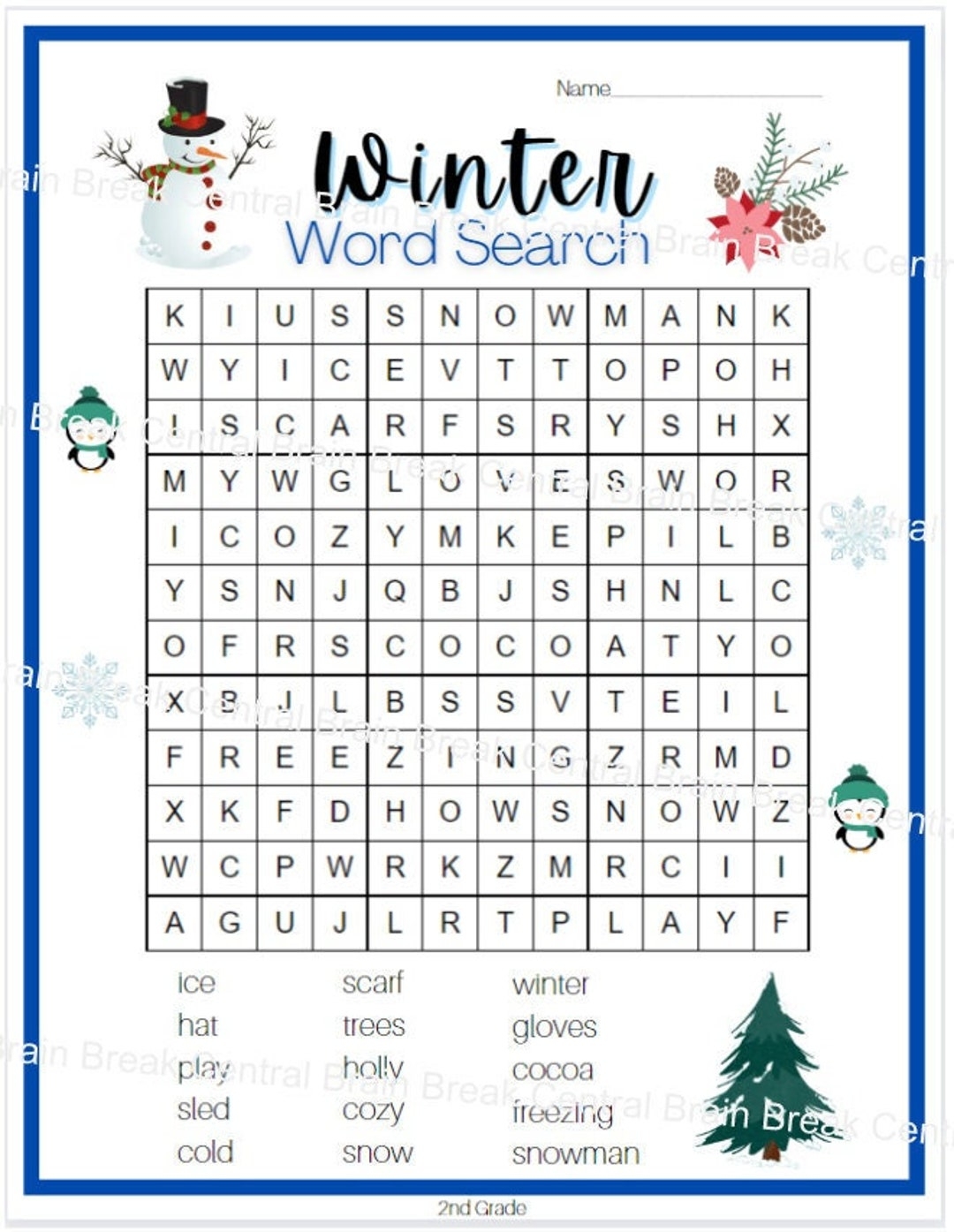 2nd Grade Winter Word Search With Answer Key Printable Etsy