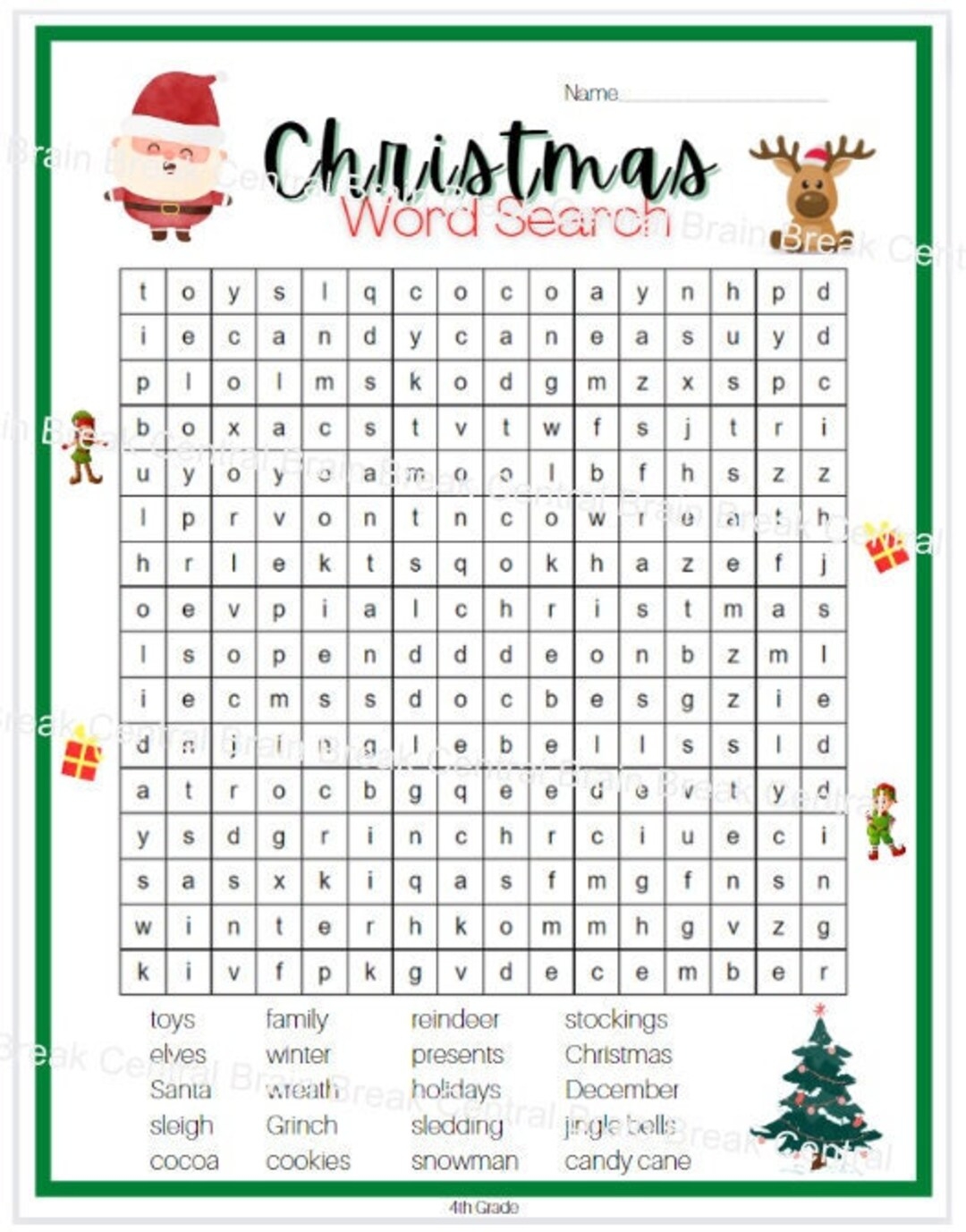 4th Grade Christmas Word Search With Answer Key Printable Etsy