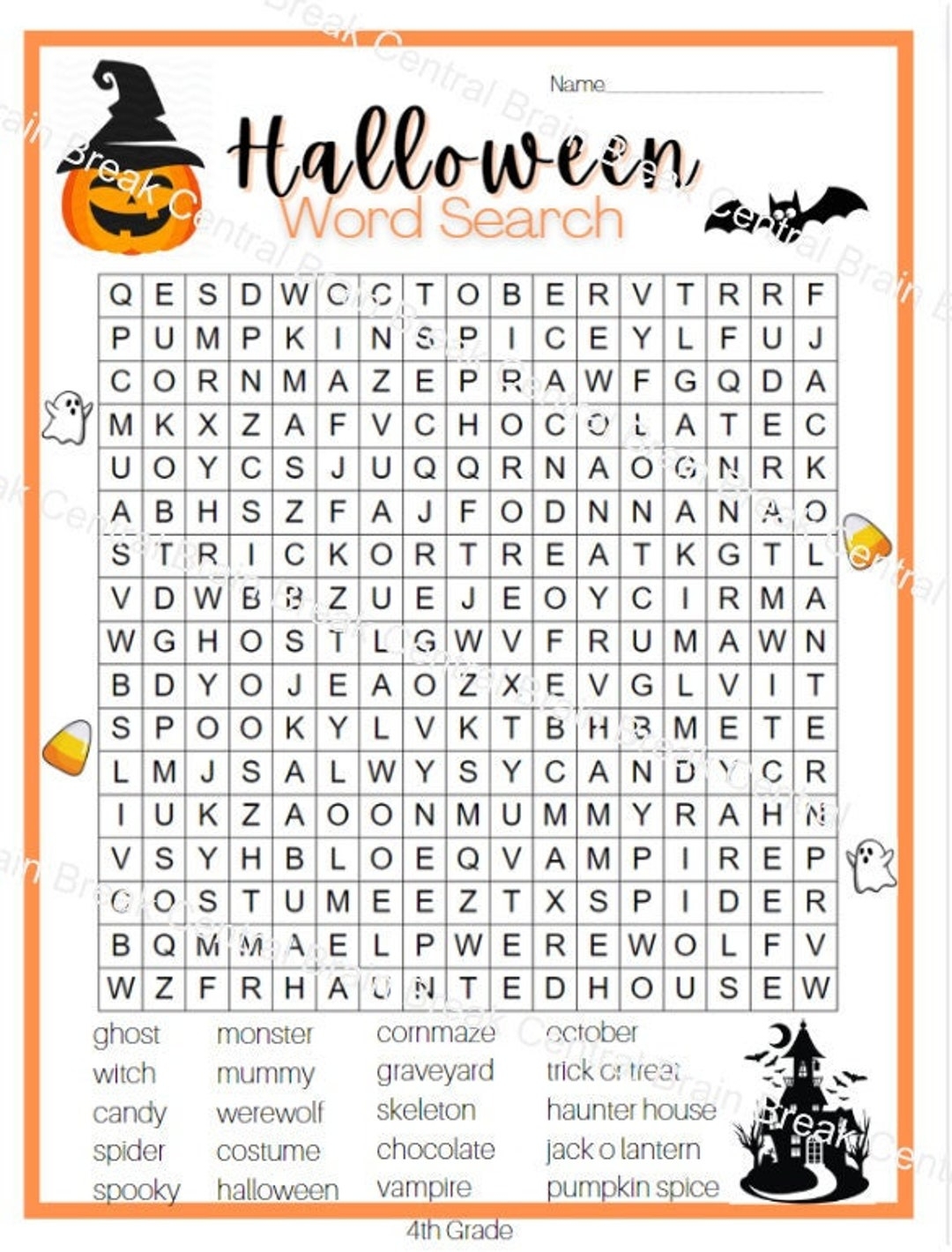 4th Grade Halloween Word Search With Answer Key Etsy
