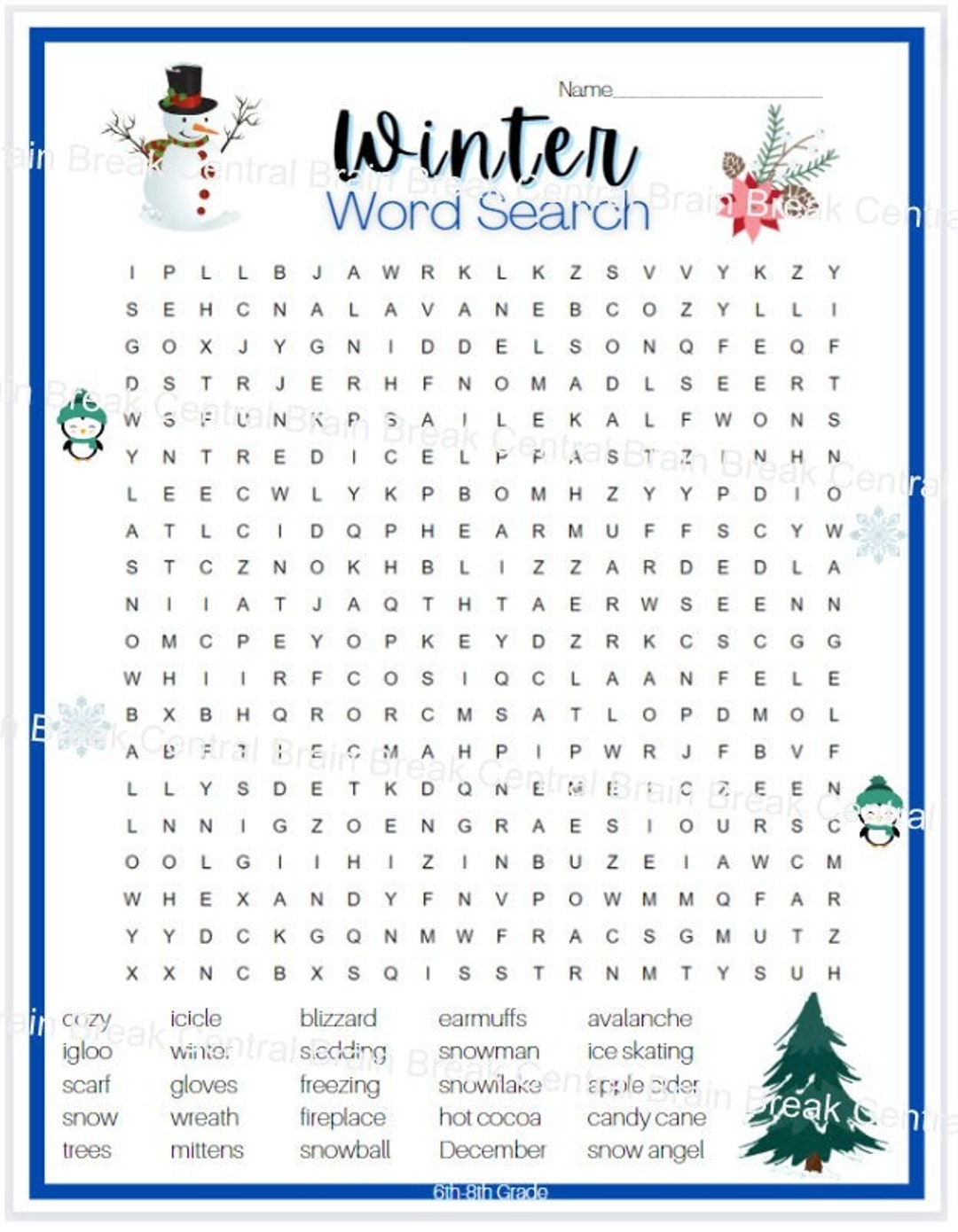 6th 8th Grade Winter Word Search With Answer Key Printable Etsy