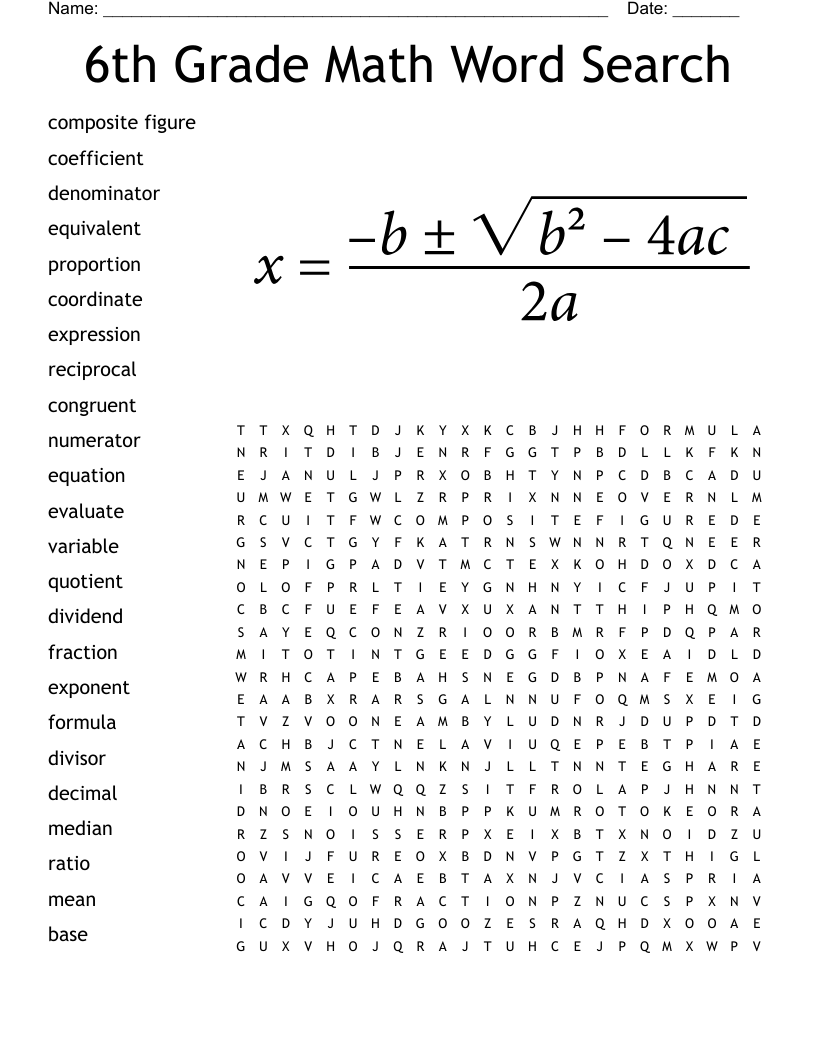 6th Grade Math Word Search WordMint