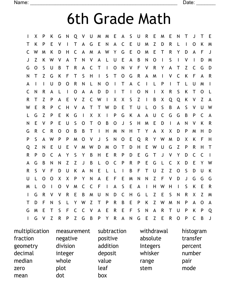 6th Grade Math Word Search WordMint