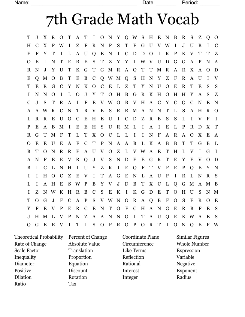 Math Word Search 7th Grade Printable