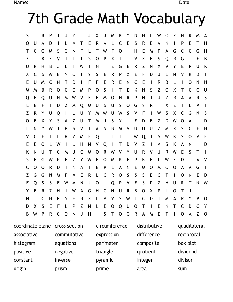 7th Grade Math Vocabulary Word Search WordMint