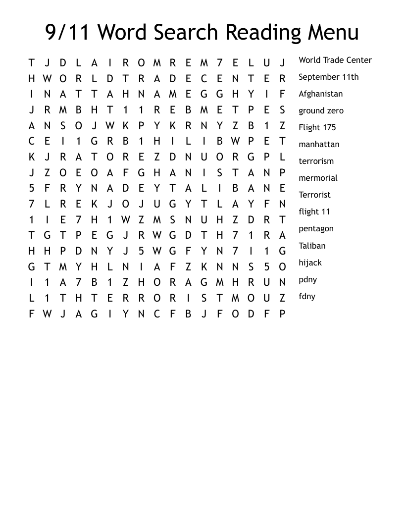 9 11 Word Search Reading Menu WordMint