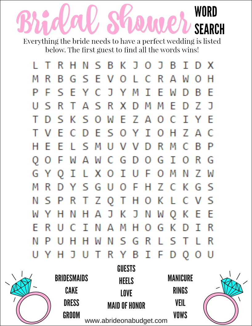 A Bride On A Budget Bridal Shower Word Search Game Free Printable