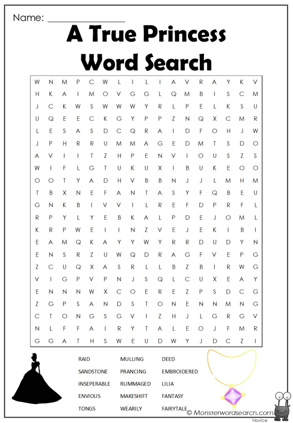 A True Princess Word Search Monster Word Search