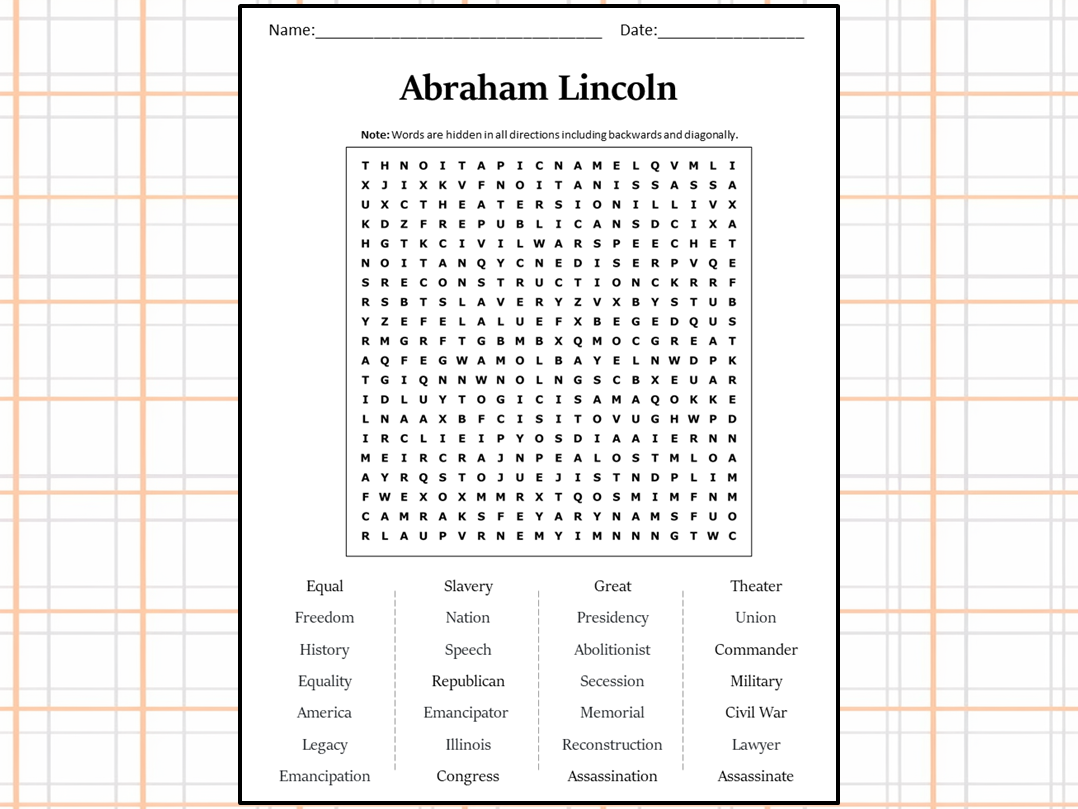 Abraham Lincoln Word Search Puzzle Worksheet Activity Teaching Resources
