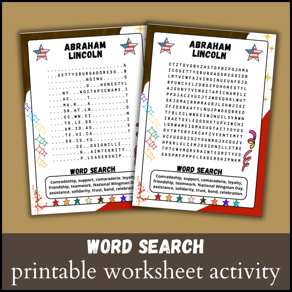 Abraham Lincoln Word Search Puzzle Worksheet Activity US 