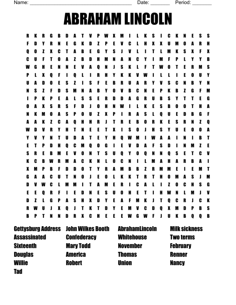 ABRAHAM LINCOLN Word Search WordMint