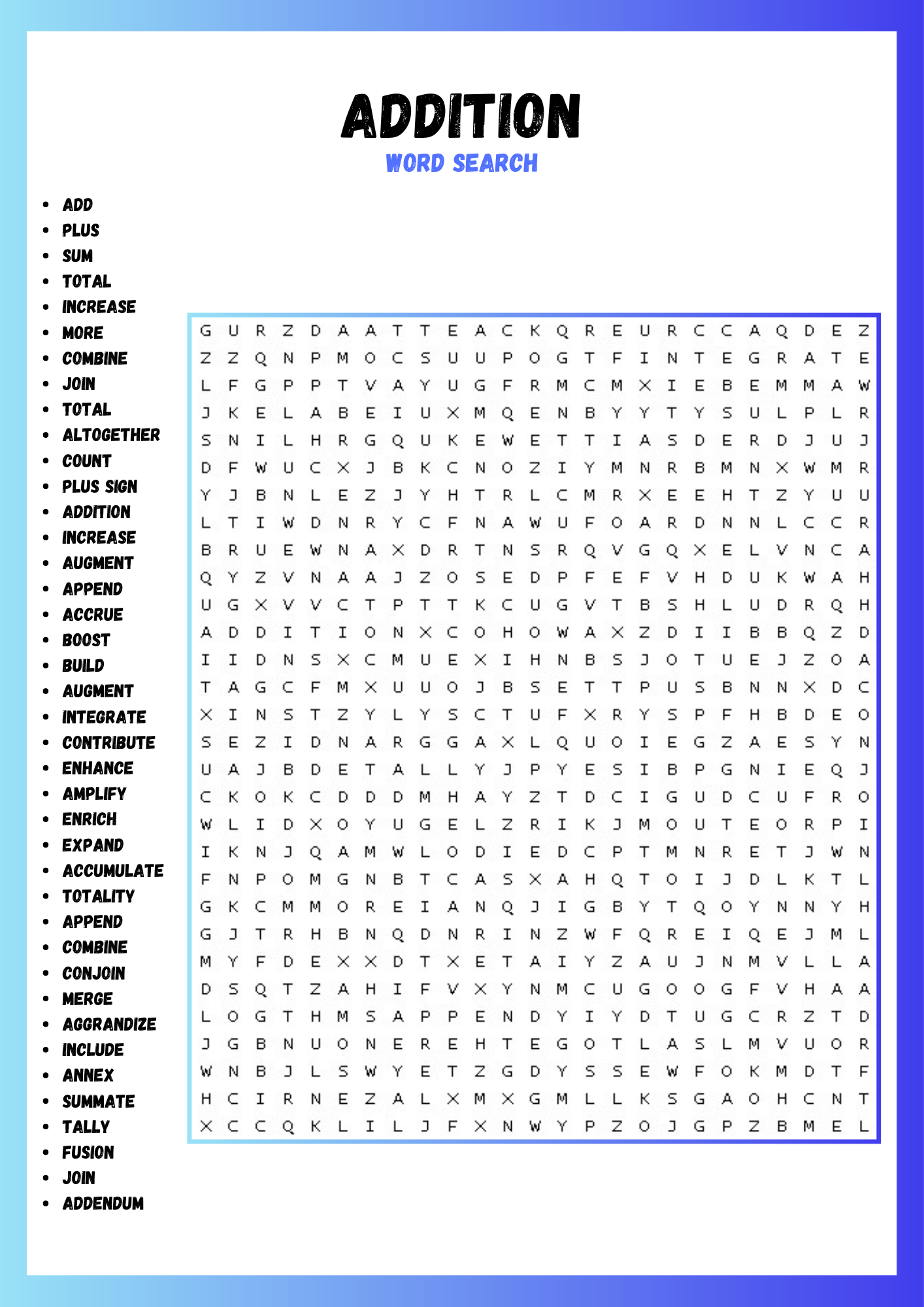 ADDITION WORD SEARCH PUZZLE WORKSHEET ACTIVITIES BRAIN PUZZLES Made By Teachers