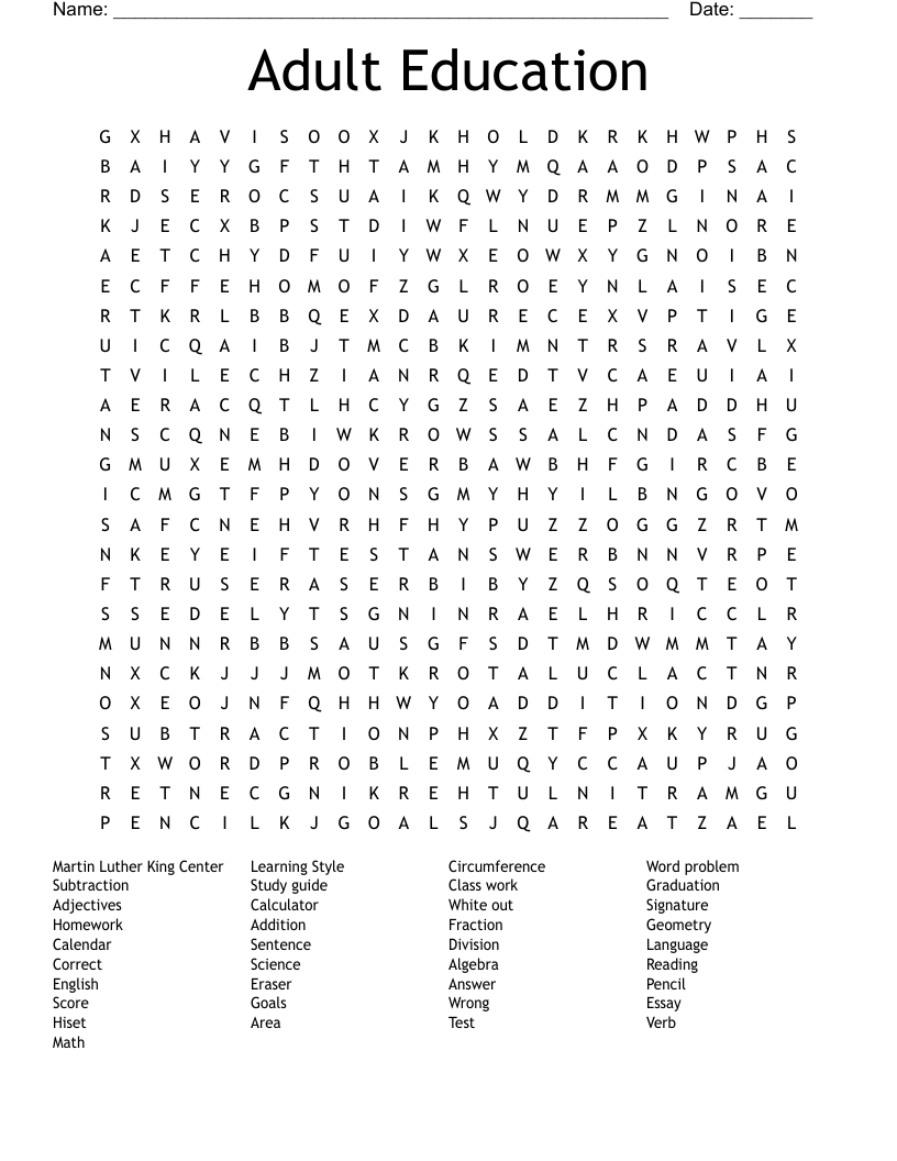 Adult Education Word Search WordMint