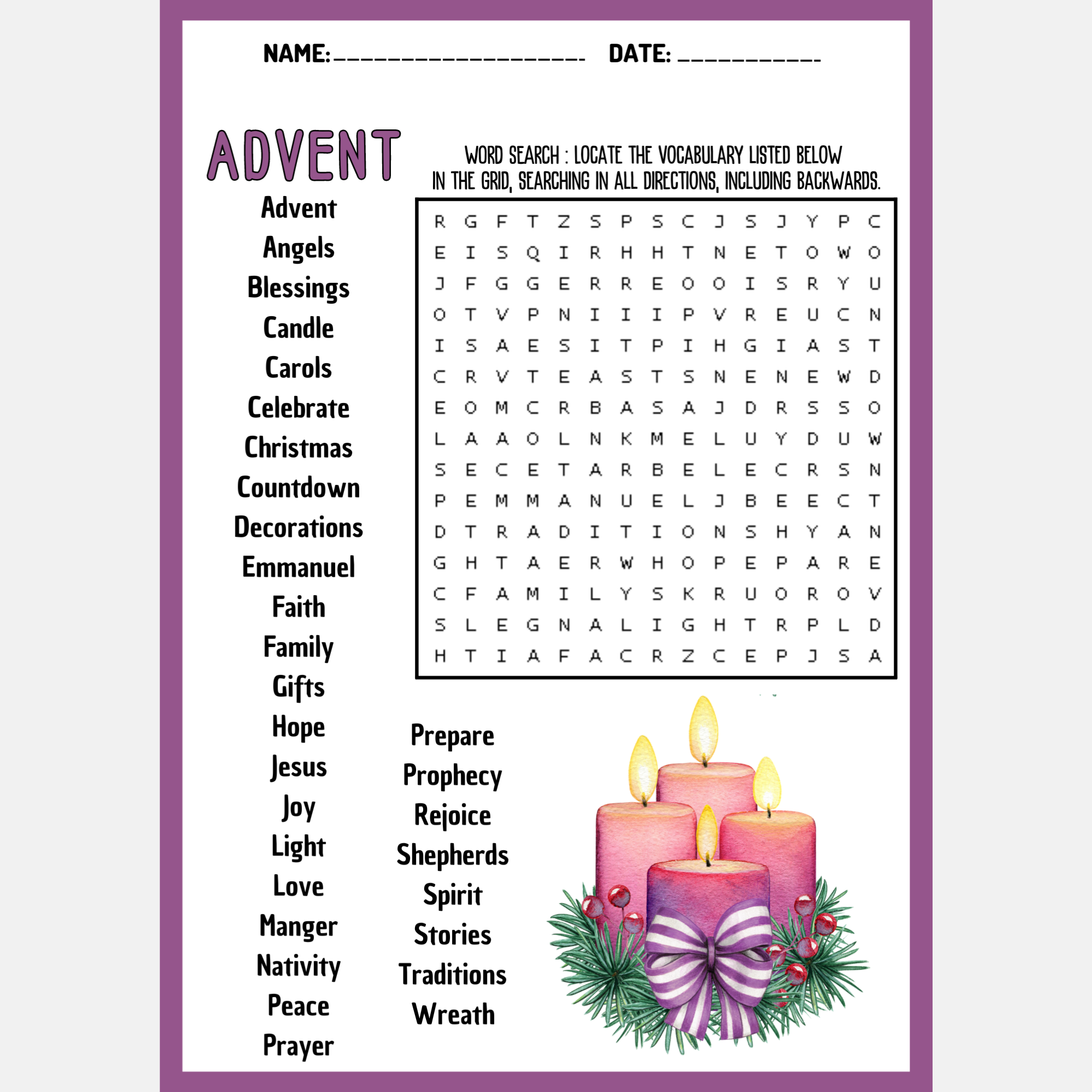 ADVENT Word Search Puzzle Worksheet Activity Made By Teachers