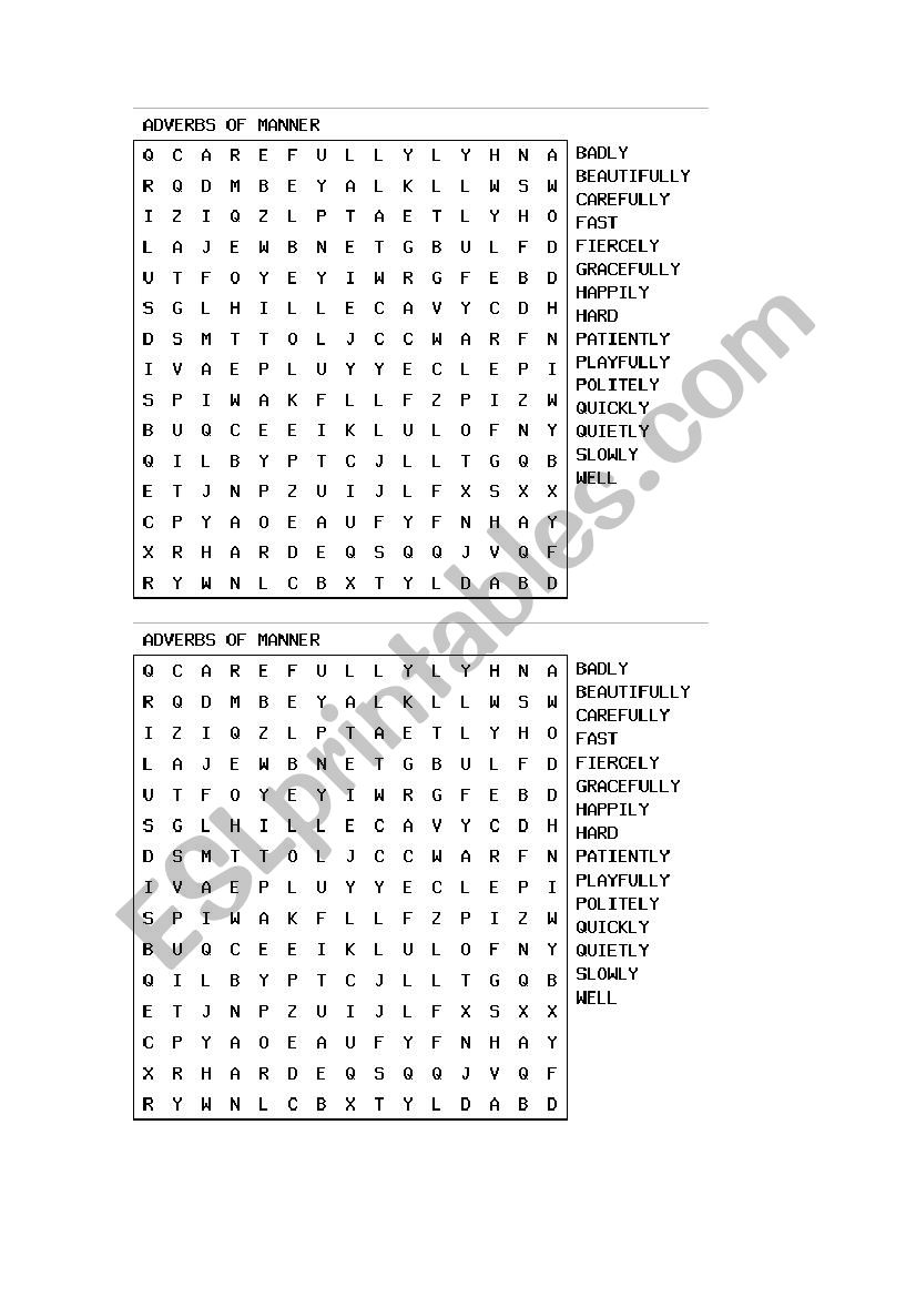 ADVERBS OF MANNER Word Search ESL Worksheet By Anto11