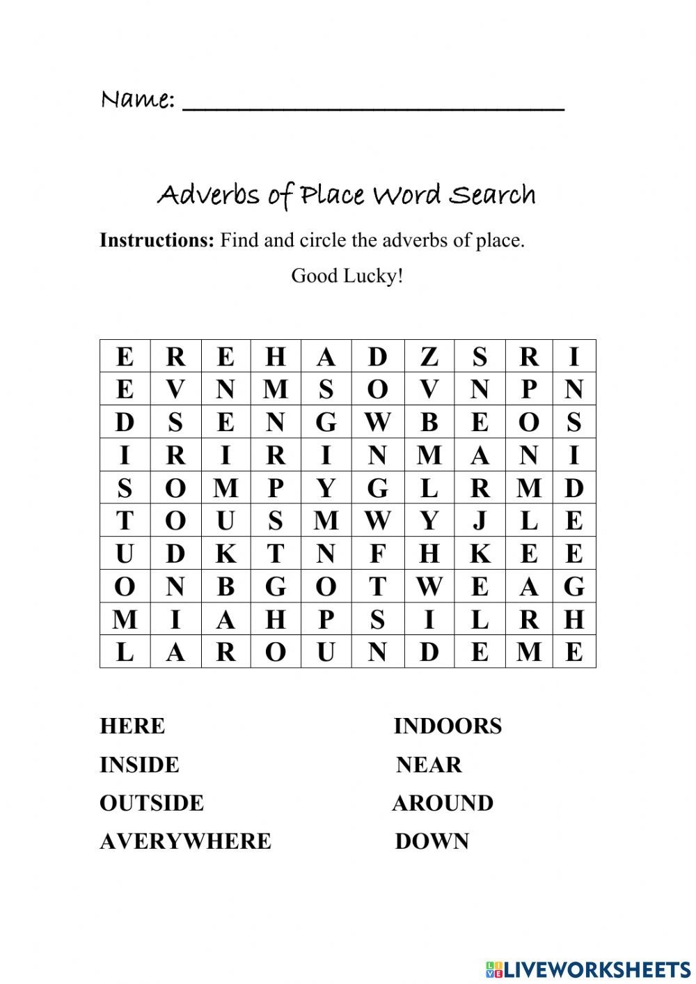 Adverbs Of Place Word Search Worksheet