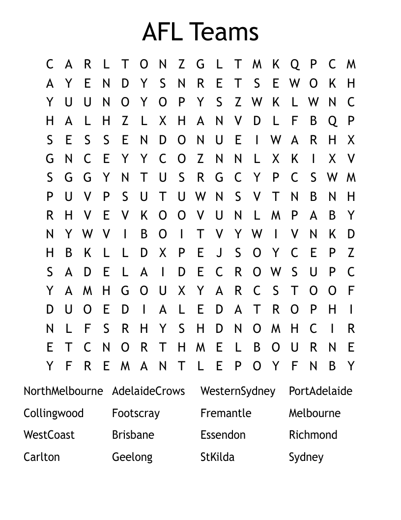 AFL Teams Word Search WordMint AFL Teams Word Search WordMint