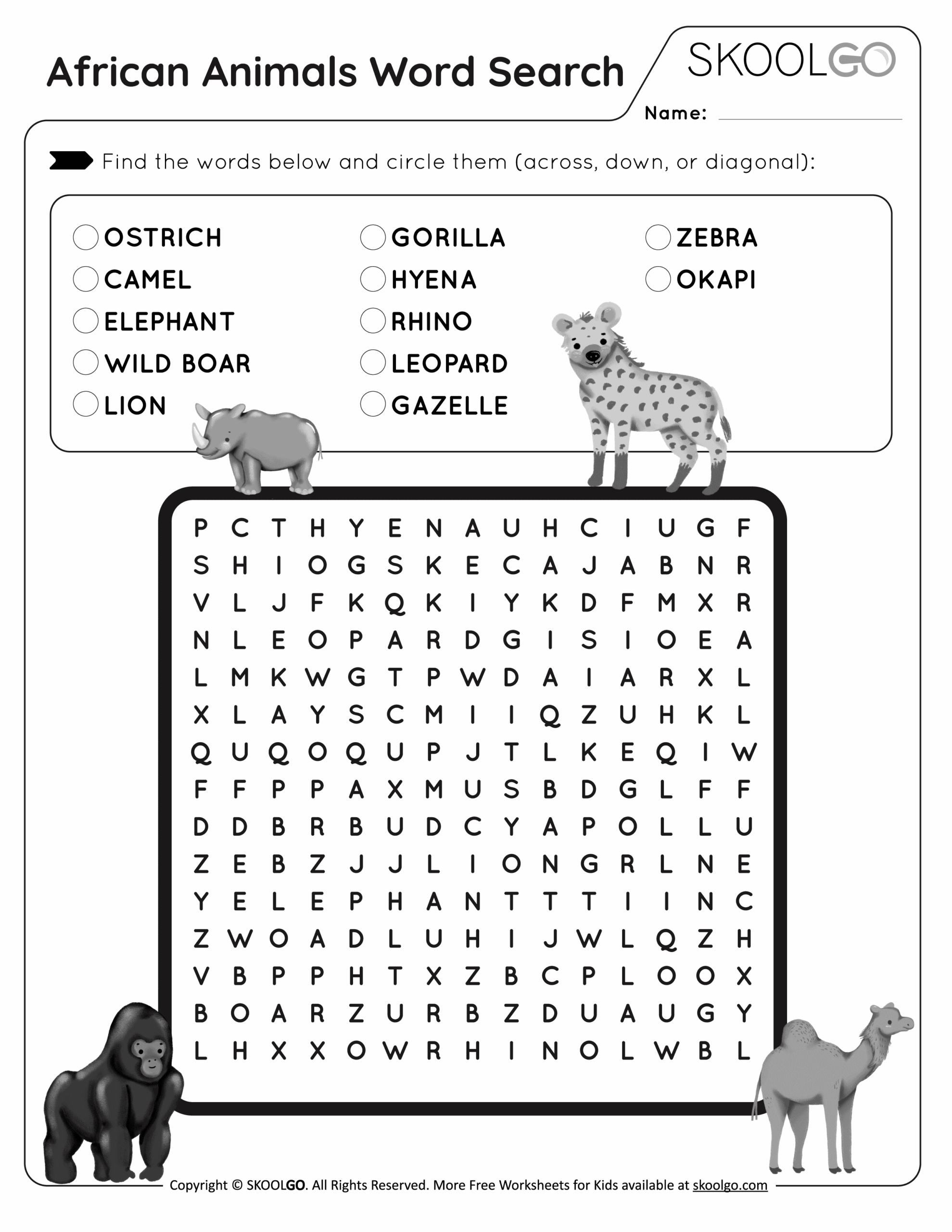 African Animals Word Search Free Game For Kids SKOOLGO