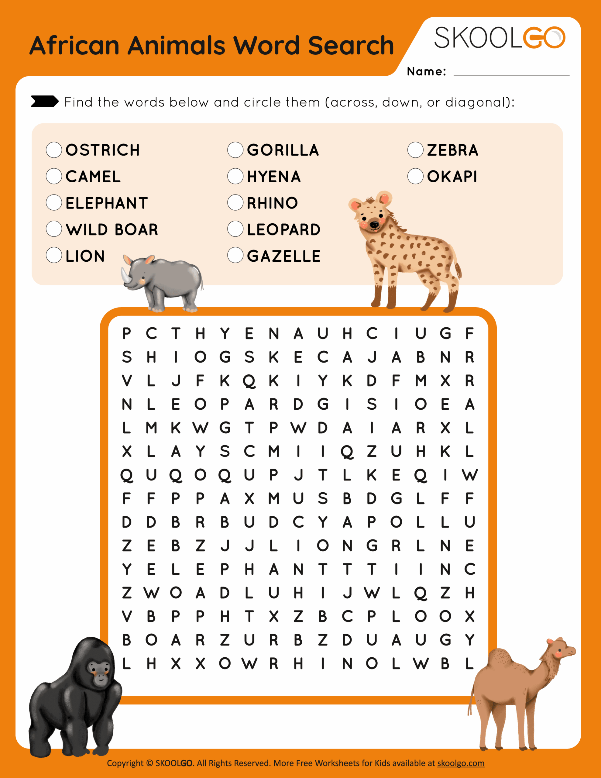 African Animals Word Search Free Game For Kids SKOOLGO