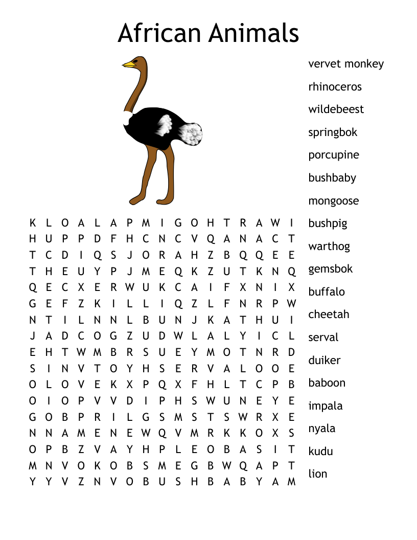 African Animals Word Search WordMint