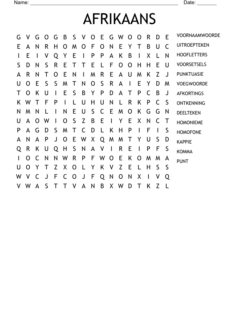 Afrikaans Word Search Printable