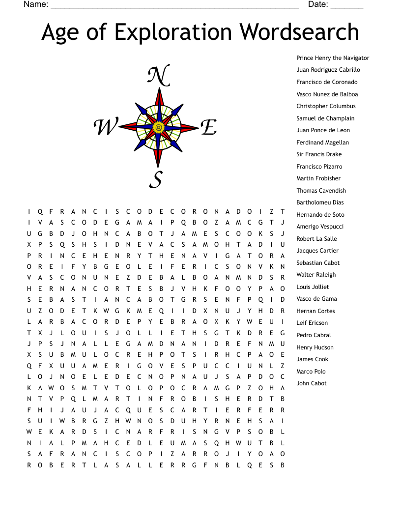 Age Of Exploration Word Search Printable