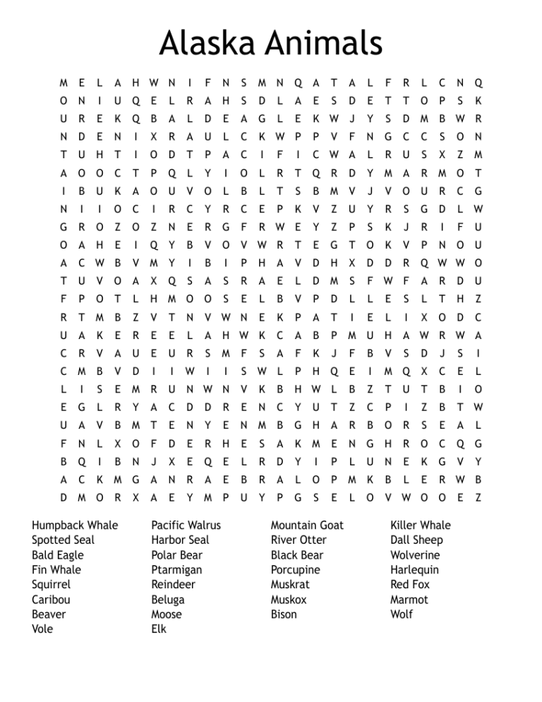 Alaska Animals Word Search WordMint