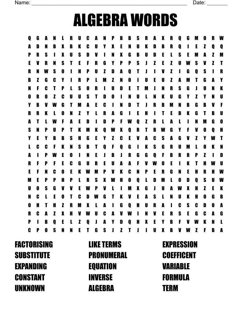 ALGEBRA WORDS Word Search WordMint