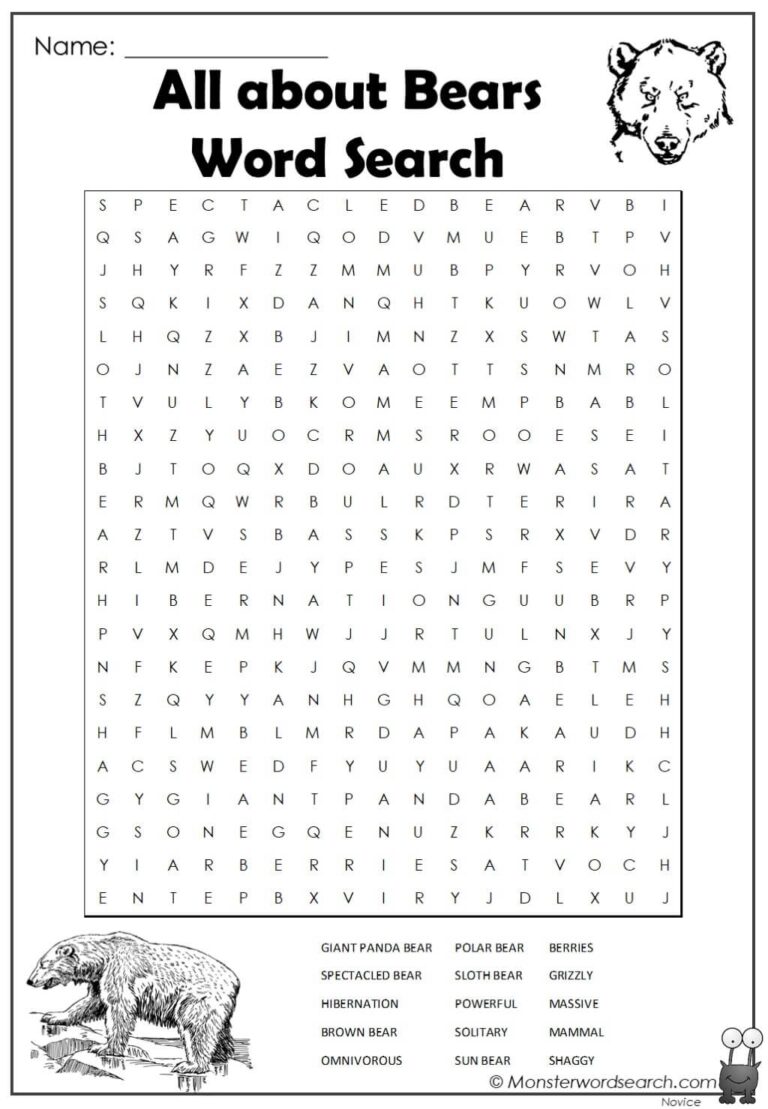 All About Bears Word Search Monster Word Search