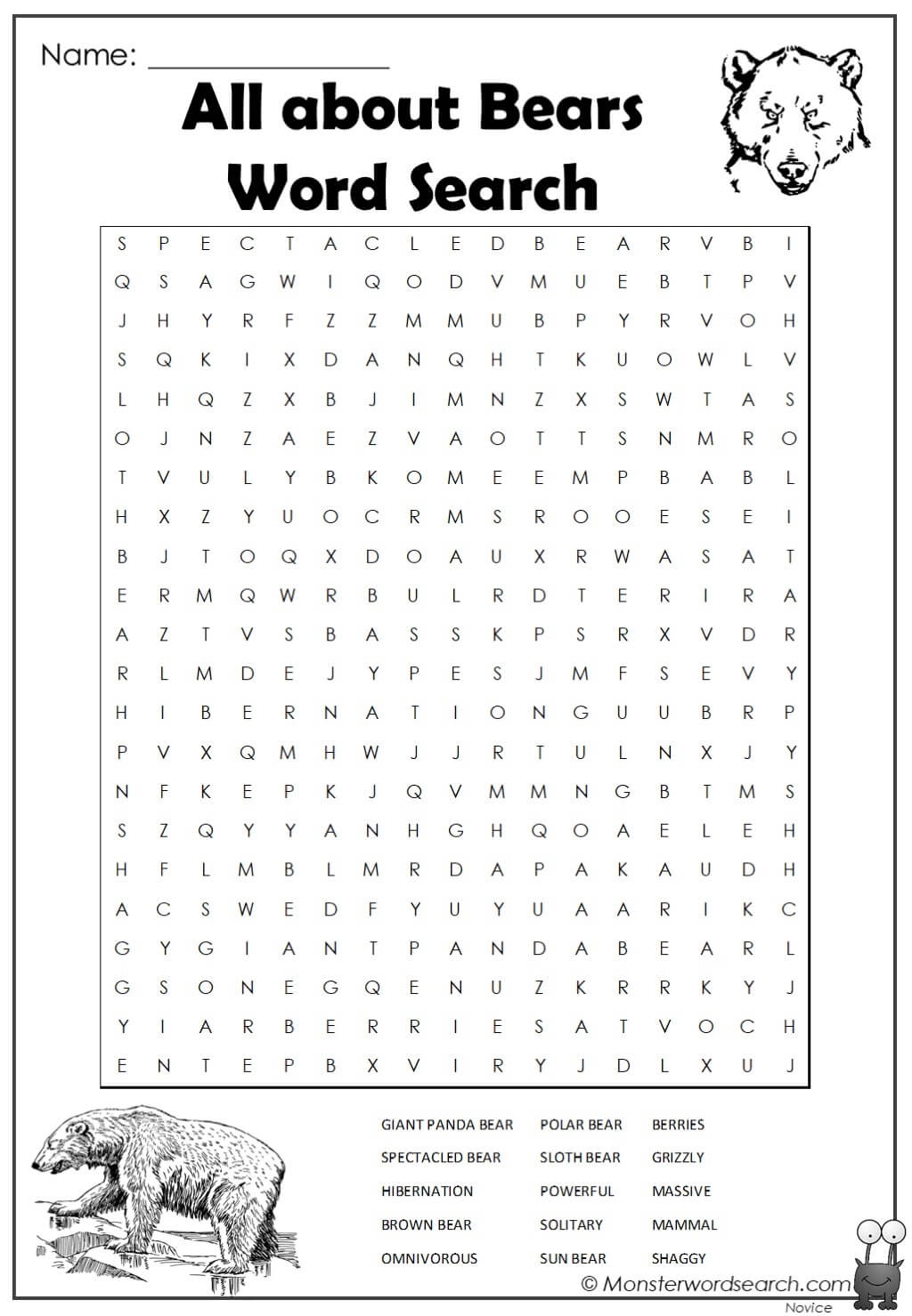 All About Bears Word Search Monster Word Search