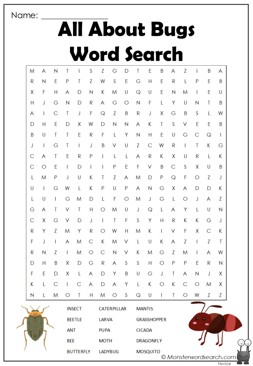 All About Bugs Word Search Monster Word Search