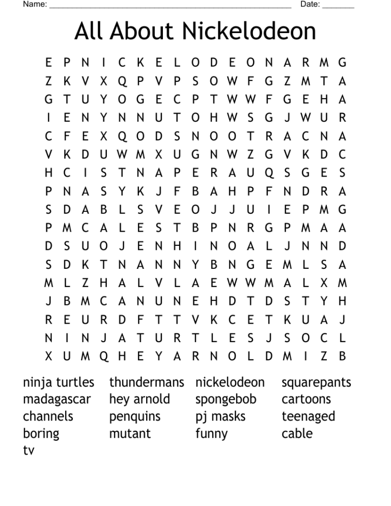 All About Nickelodeon Word Search WordMint