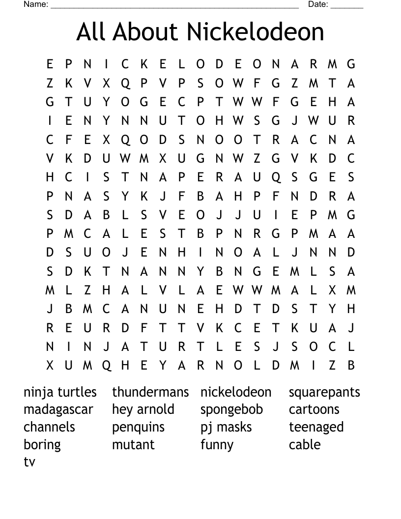 All About Nickelodeon Word Search WordMint
