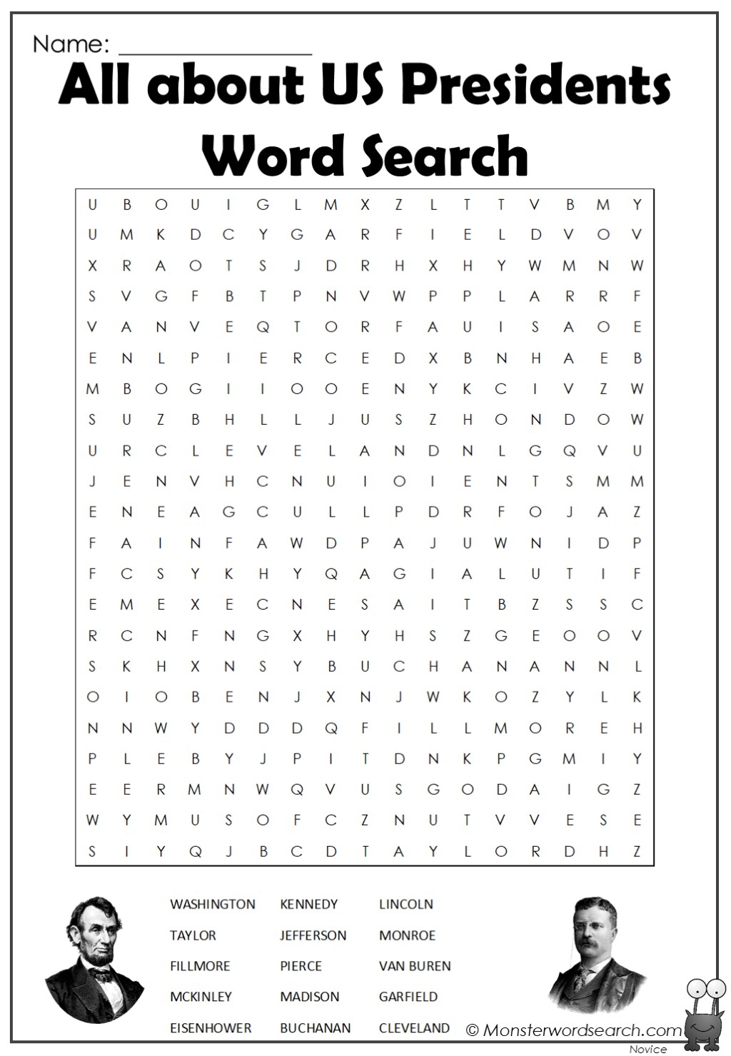 All About Us Presidents Word Search Monster Word Search Worksheets Library