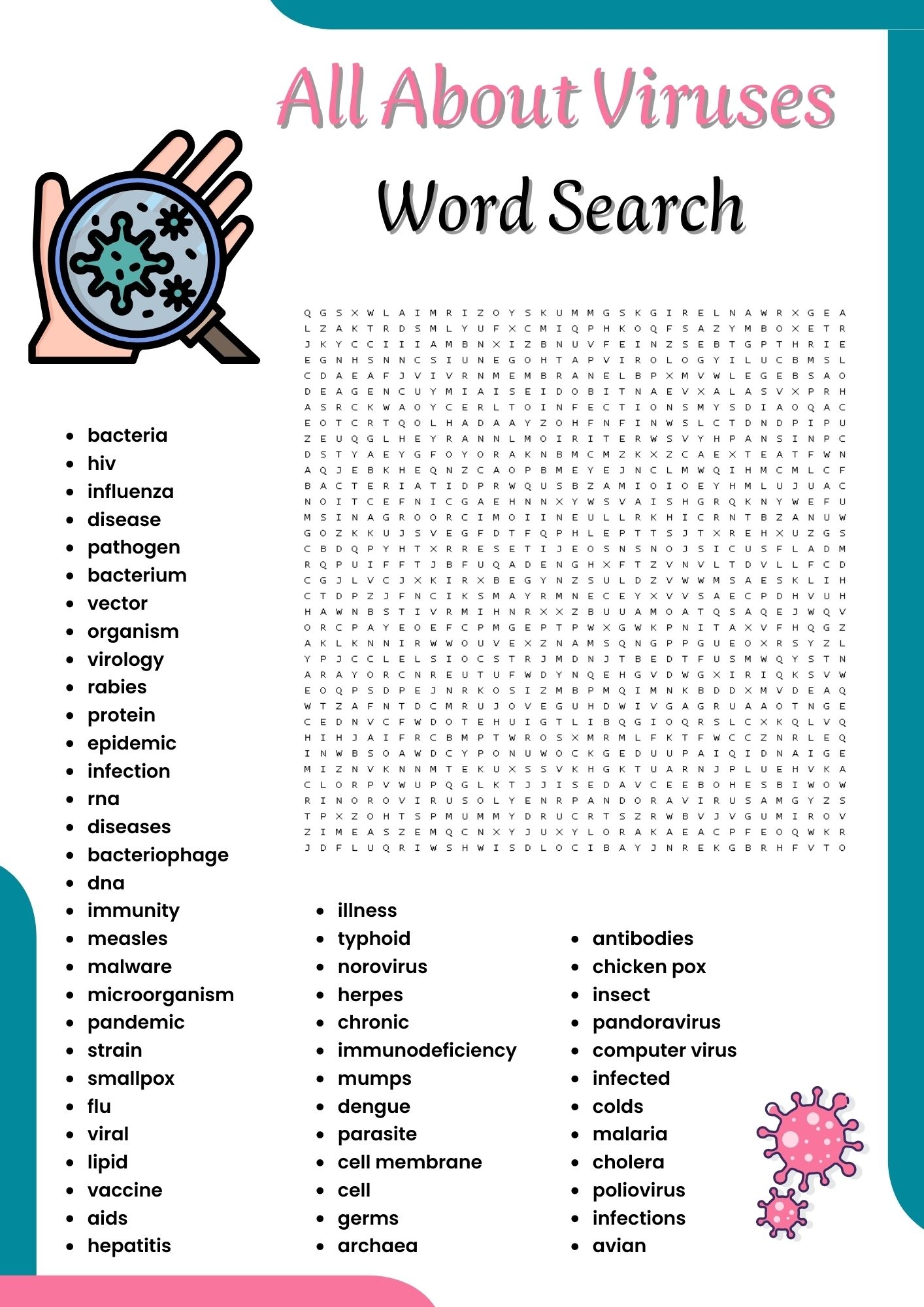 All About Viruses Word Search Puzzle Worksheet Activities For Kids 