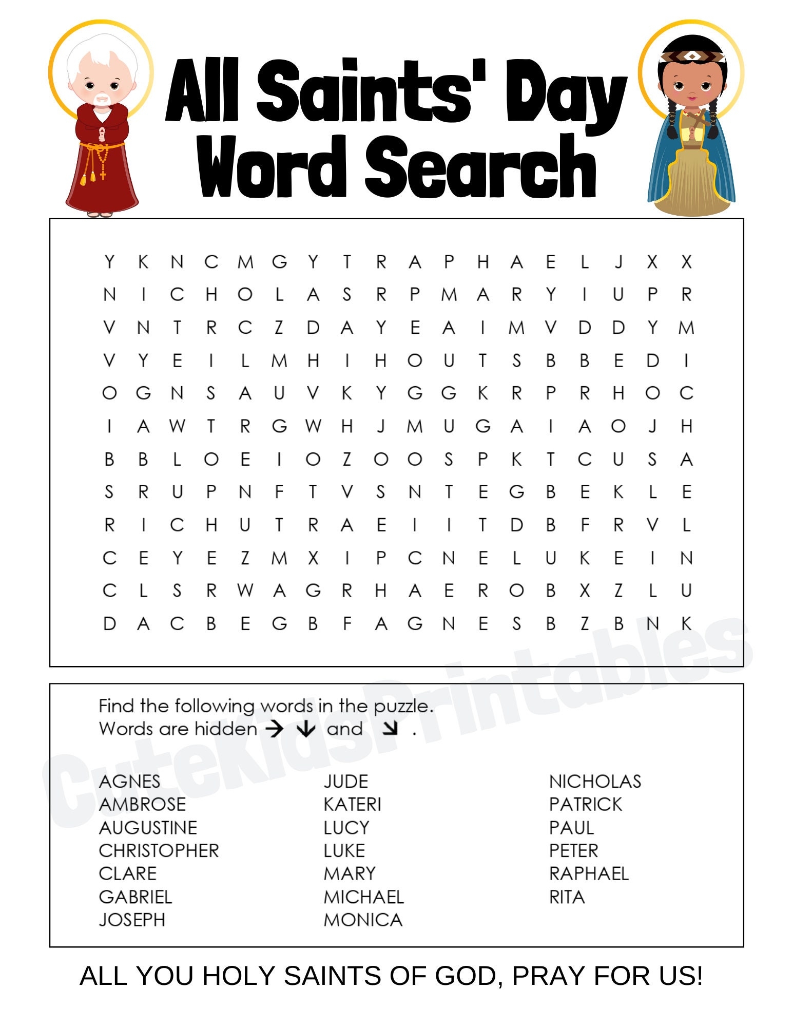 All Saints Day Word Search Printable PDF Etsy