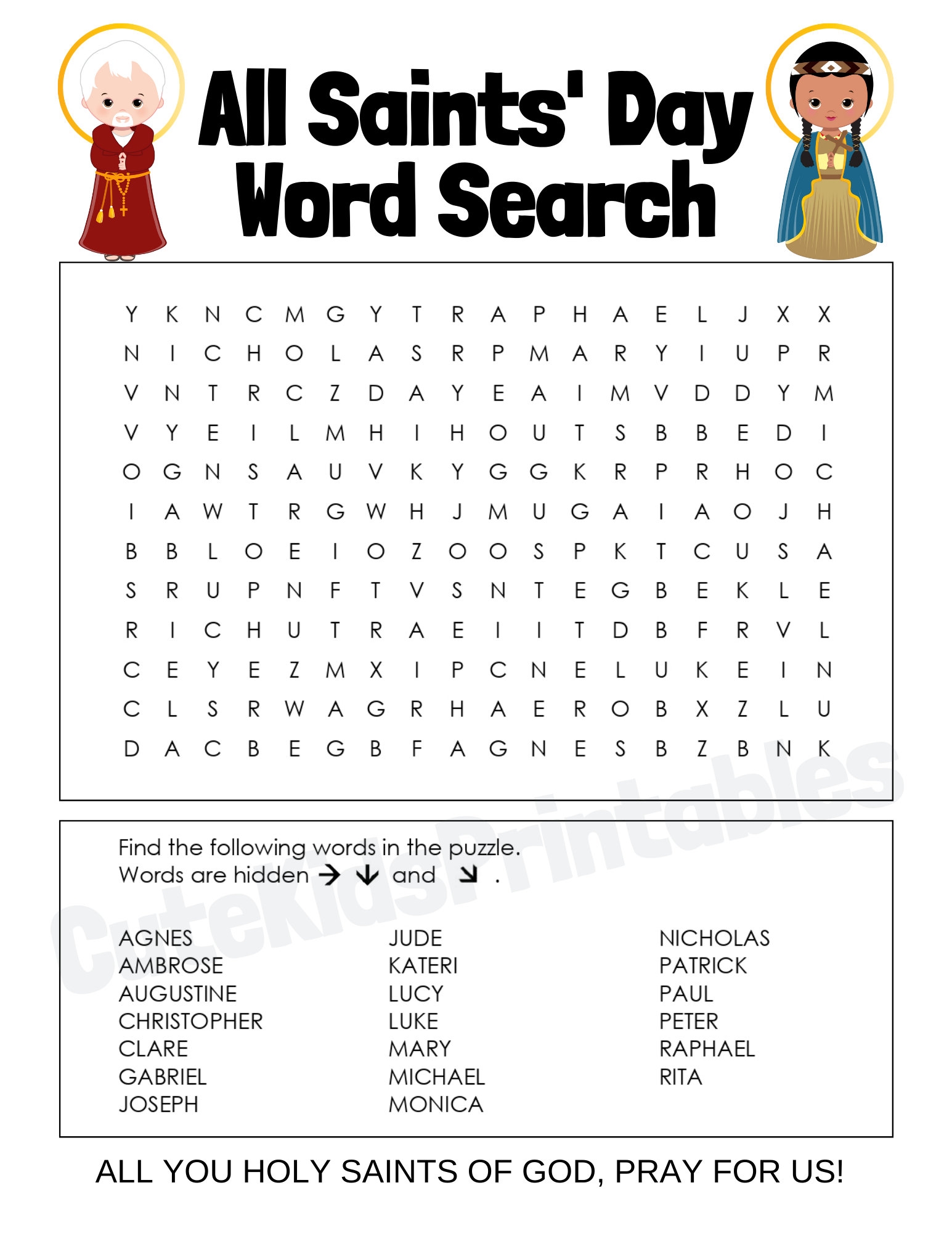 All Saints Day Word Search Printable PDF Etsy