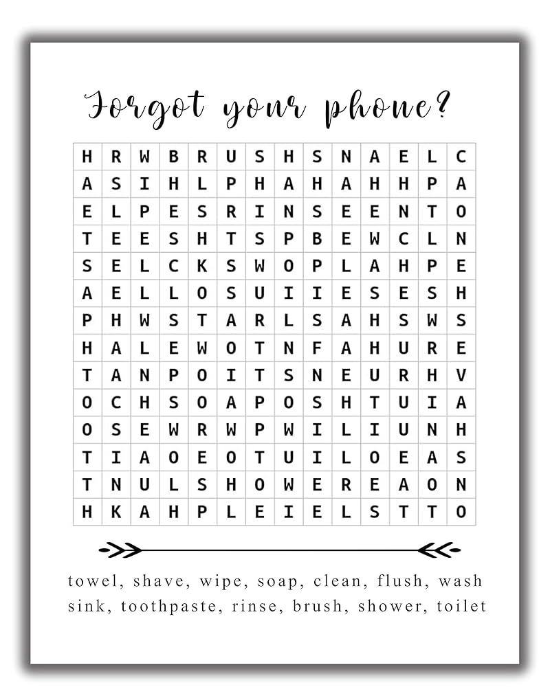 Amazon Funny Bathroom Word Search Puzzle Wall Art Print 11x14 UNFRAMED Black And White Saying Decor Printed On Photographic Paper Forget Your Phone Handmade Products