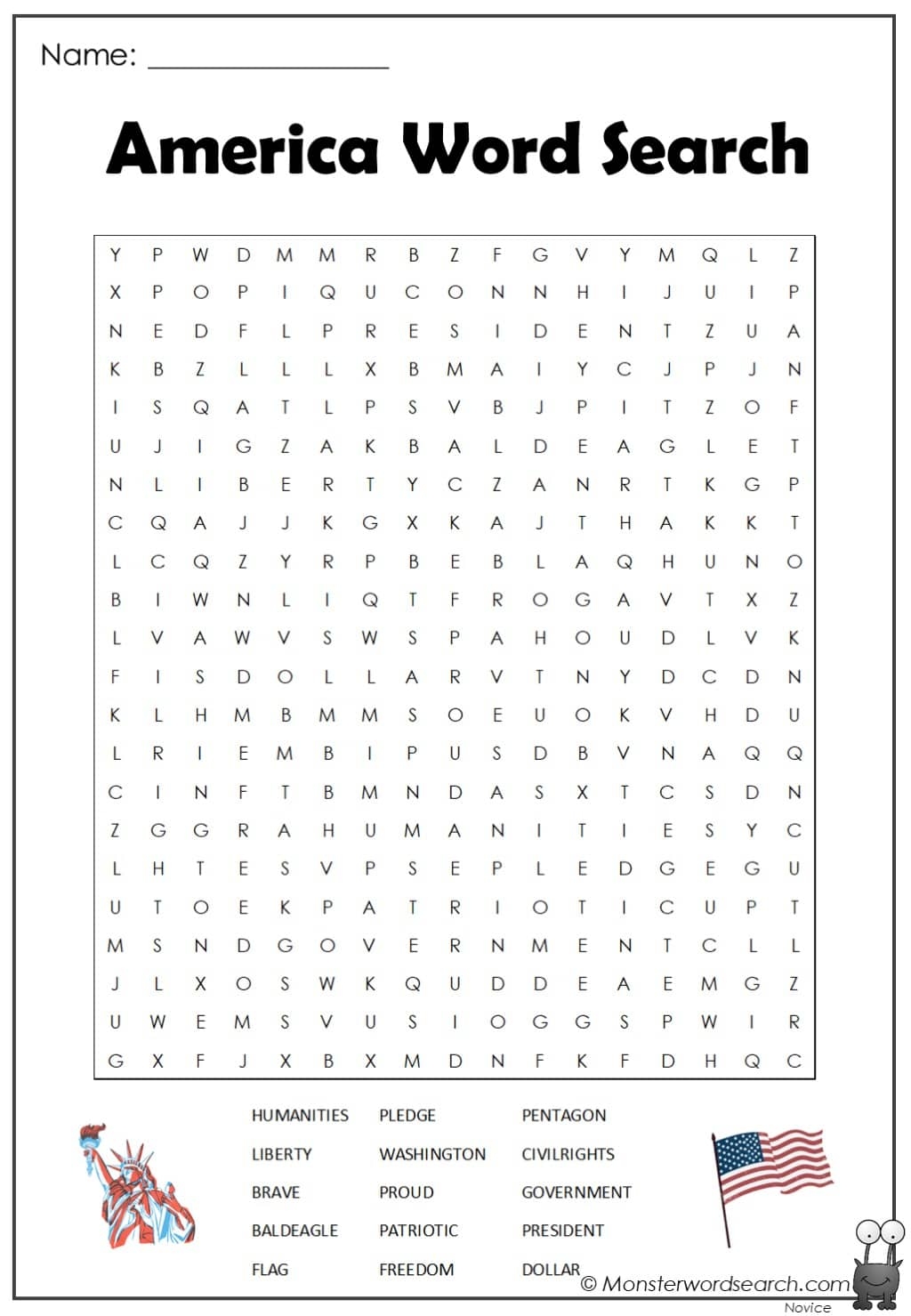 America Word Search Monster Word Search