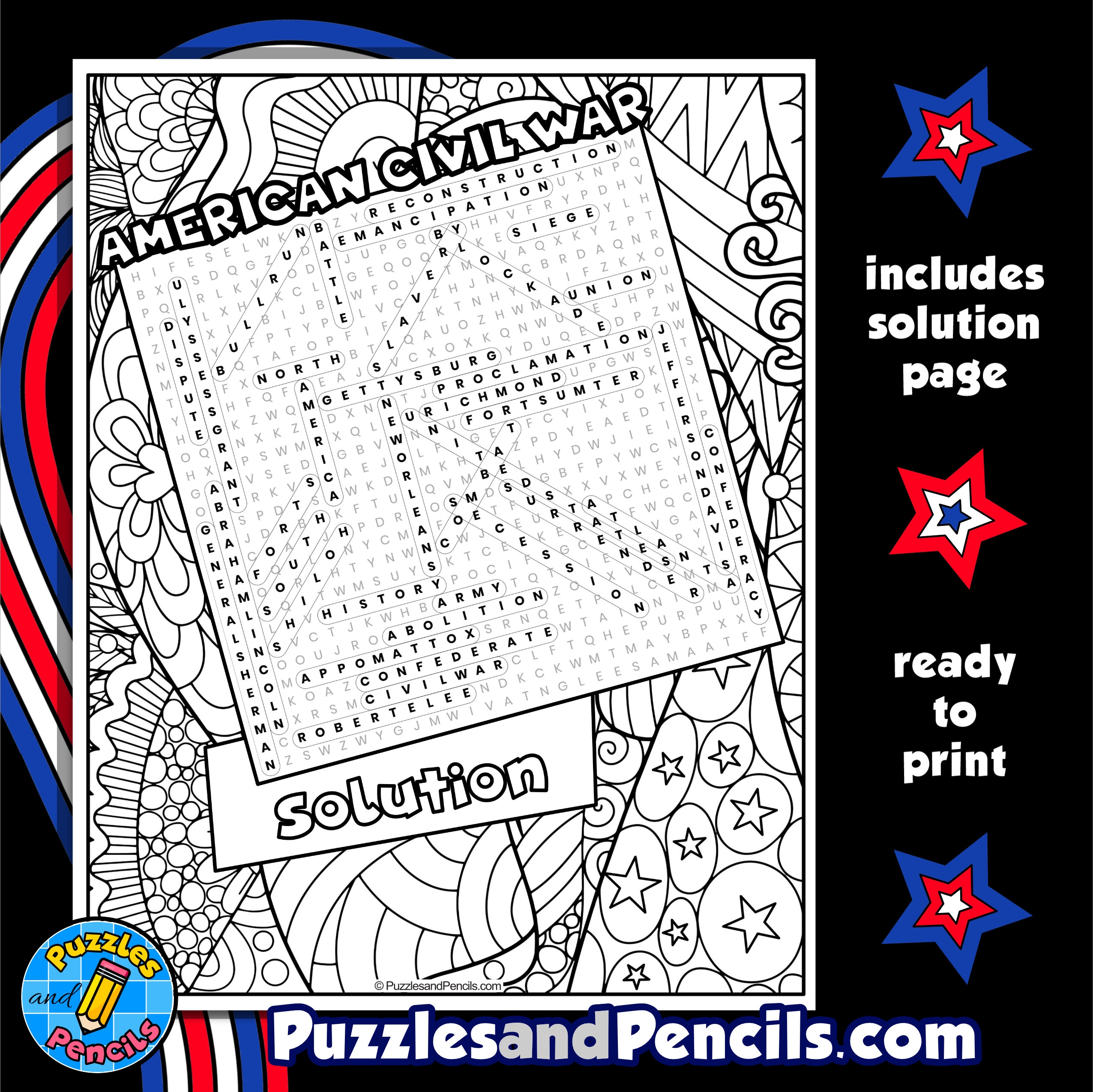 American Civil War Word Search Puzzle With Coloring US History Wordsearch Made By Teachers