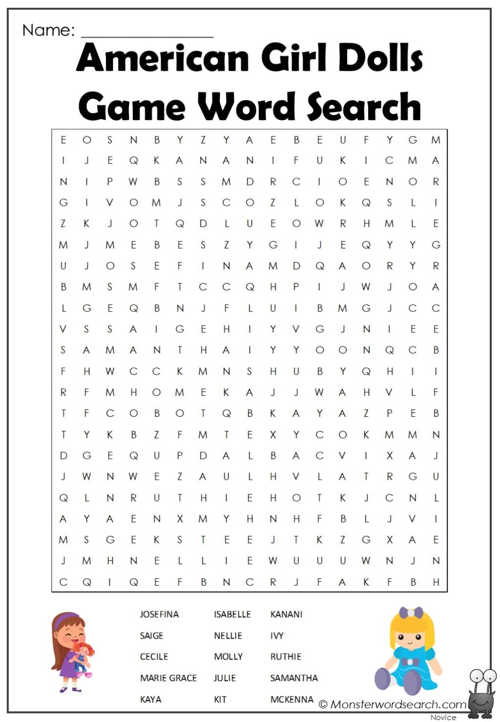 American Girl Dolls Game Word Search Monster Word Search