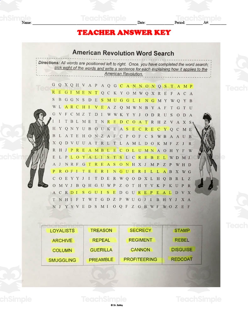 American Revolution Word Search Printable